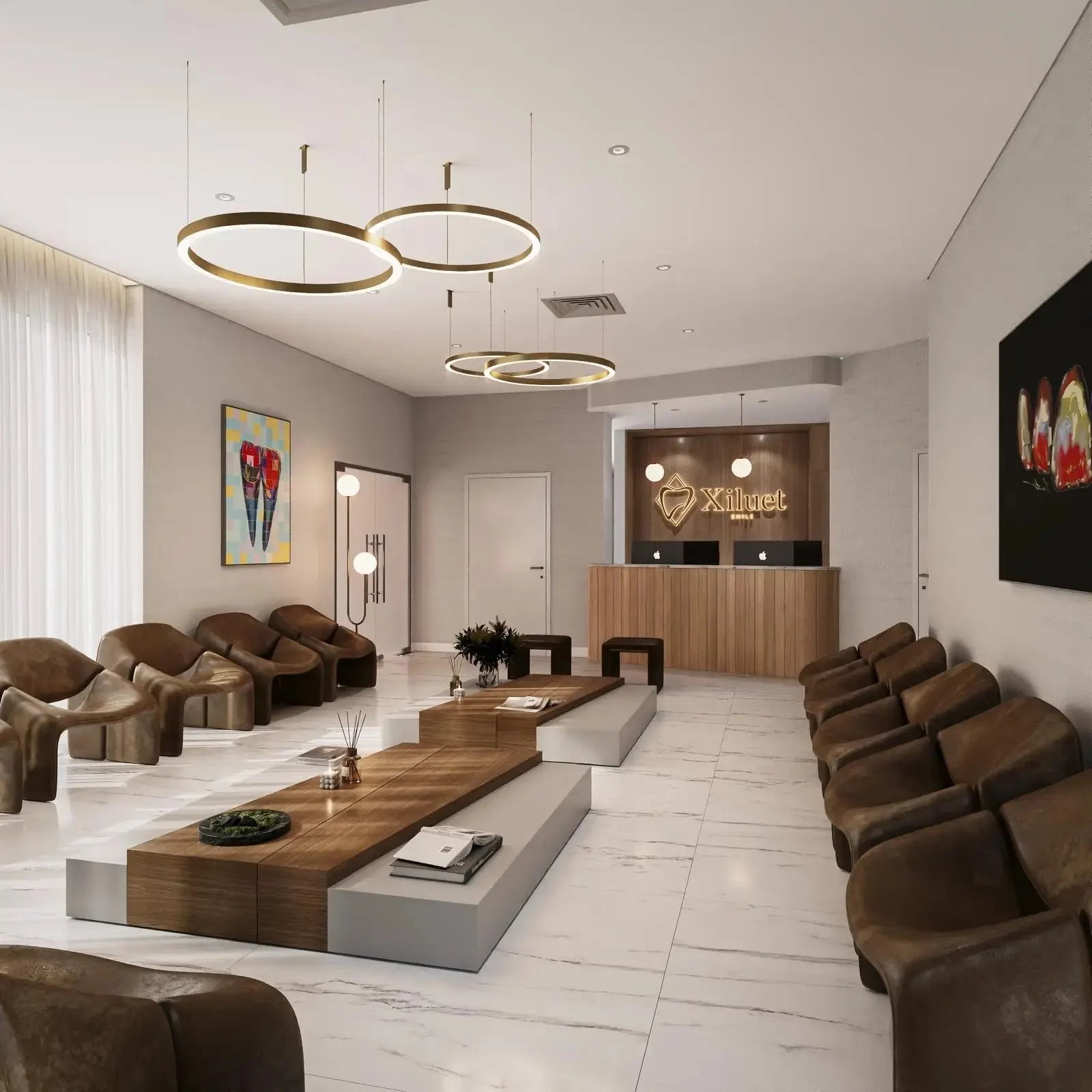 Recepción y sala de espera de Xiluet Smiles, con el letrero dorado de Xiluet, sillones de cuero y lámparas de anillo